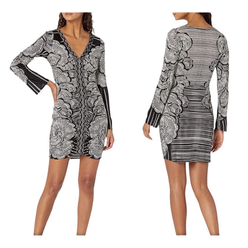 NEW Hale Bob Ruched Dress Silk Pullover Long Sleeves Black White Stretch Women M